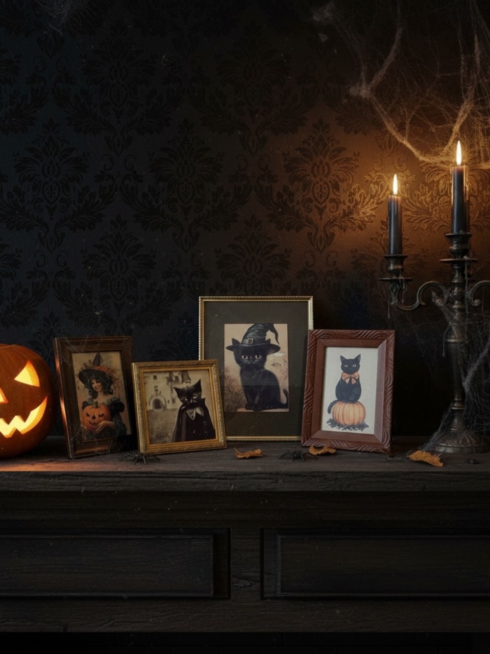 Vintage Framed Black Cat Halloween Decor- Set of 4 - Picture 3 of 15